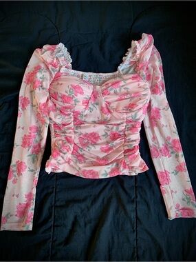 Pink Floral Ruched Long-Sleeve Crop Top